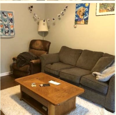 Same living room tidy, couch cleared and coffee table cleared
