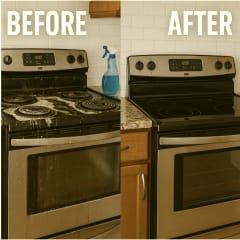 Before and after composite of a stovetop, labeled: grimy stovetop before, clean glass-top range after